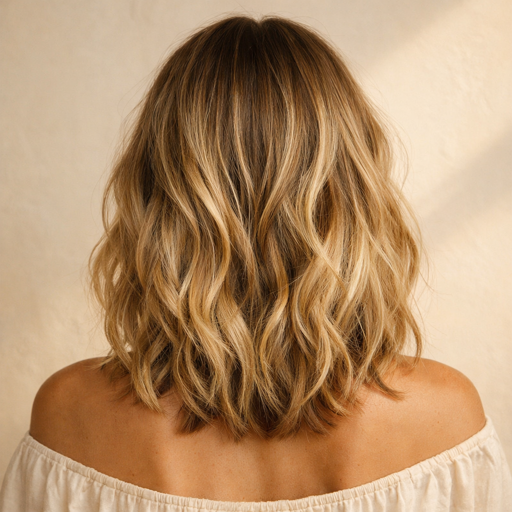 Soft lived-in balayage blonde, mid-length