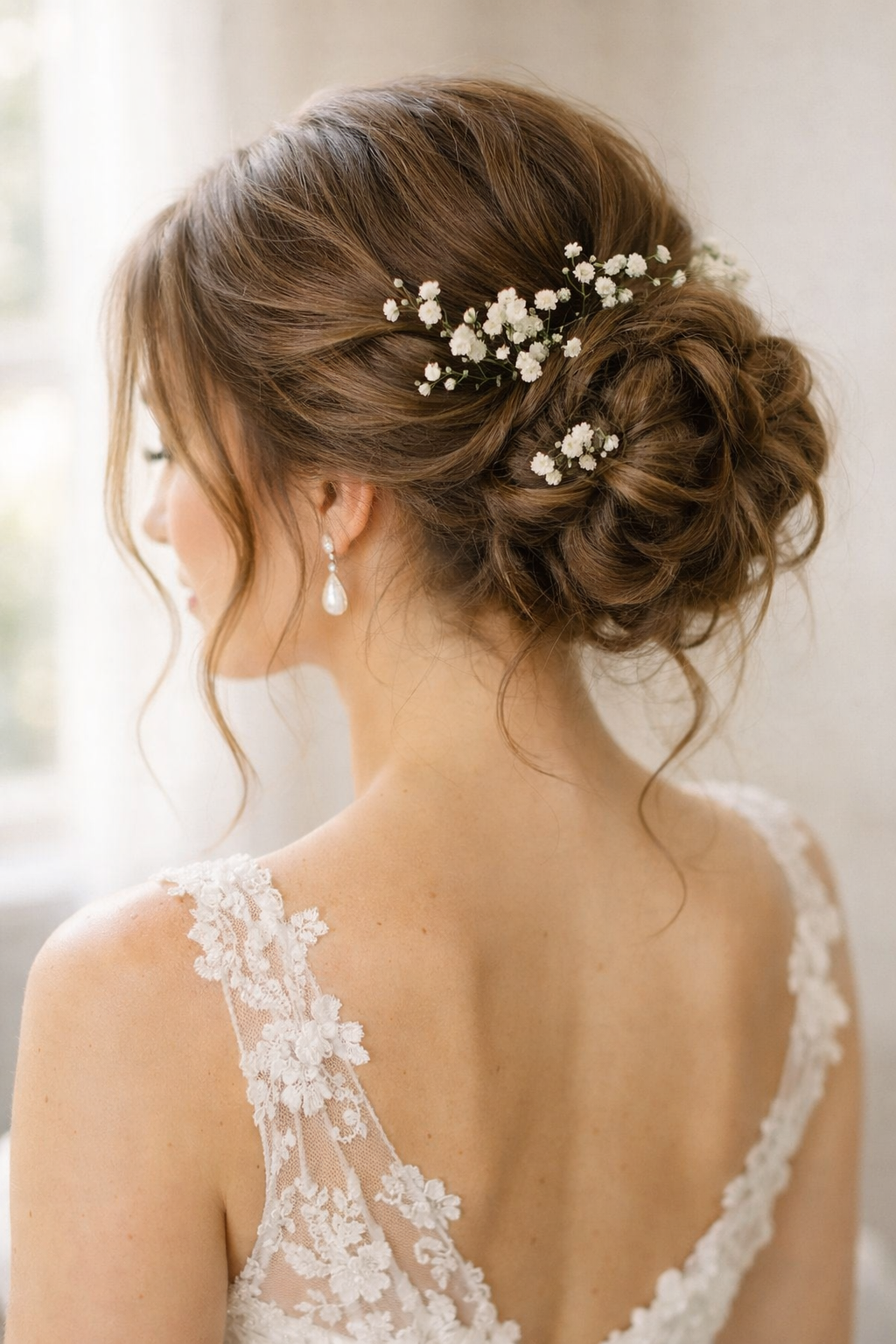 Soft romantic bridal updo with loose strands