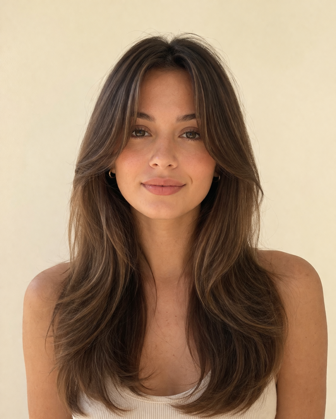 Curtain bangs with long layered cut